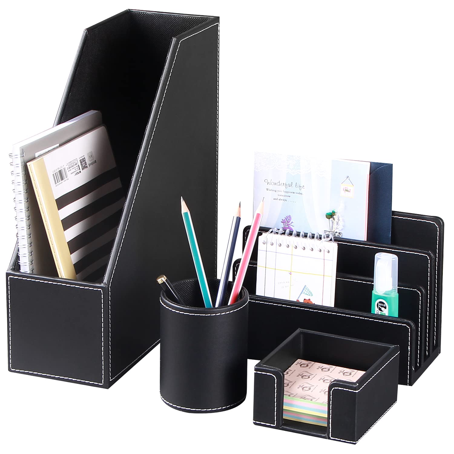 Buy BLIENCE 4 Pcs PU Leather Office Supplies Desk Organizer Set with Magazine Holder, Pen Cup