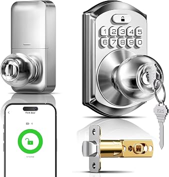 TEEHO Smart Door Knob with Keypad for Front Door, Rental Home, App Control | 4 Unlock Ways | App Control | 100 User Codes | Guest Sharing | Auto Lock | ANSI Grade 3 | IP55 Weather Resistant