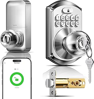 TEEHO TE018 Smart Keypad Door Lock with Handle, App Control, Satin Nickle | Keyless Access for Front Rentals, App Control, Code Sharing, Auto Lock, ANSI Grade 3 Security, IP55 Waterproof, Easy Install