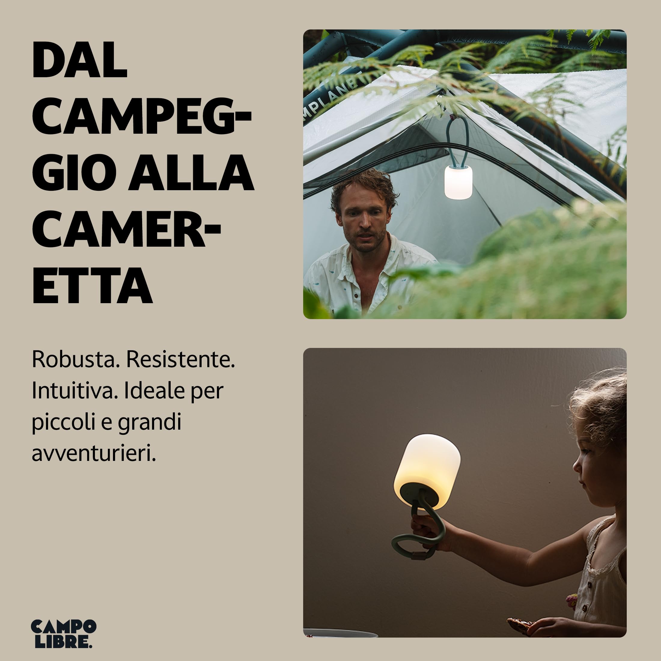 Campo Libre.® LENI Lampada da Campeggio – Luce da Esterno con Manico Flessibile, Lampada da Esterno Dimmerabile, Lanterna IPX4, 200 h di Autonomia, SqueezeShell Infrangibile, USB-C. Rettangolo, Verde