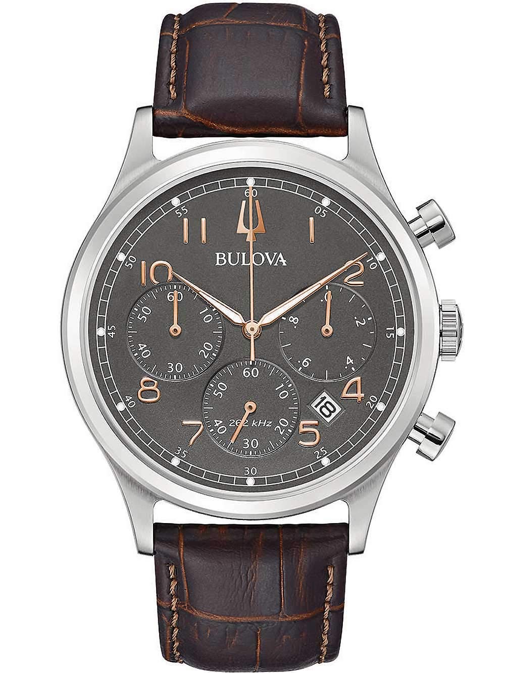Bulova Orologio Uomo 96B356 Al Quarzo - Cassa In Acciaio 43mm, Quadrante Grigio, Cinturino In Pelle Marrone