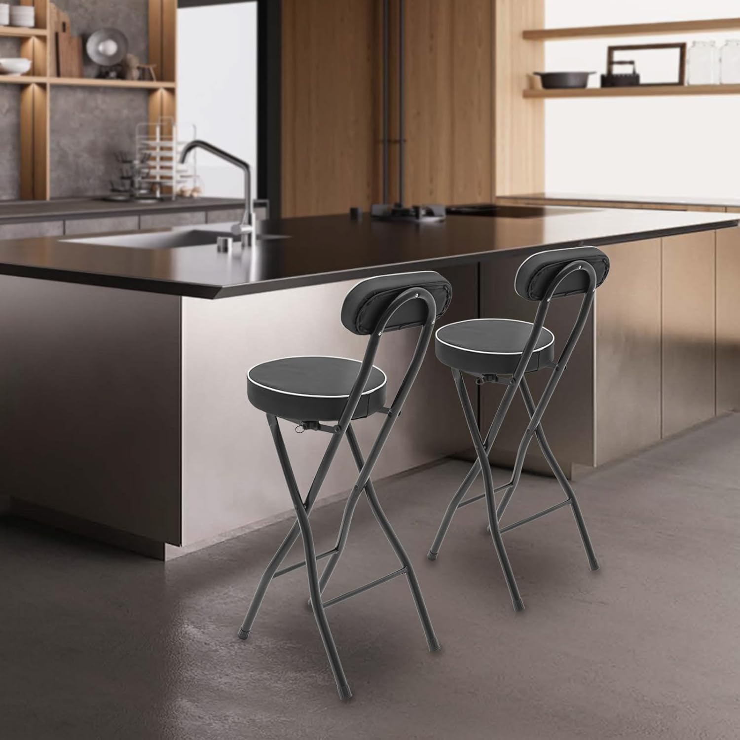 2 Pcs Folding Stools, Folding Bar Stool with Back, 25.6 in Cushioned Padded Foldable Chairs, Tall Bar Collapsible Stools, Round Counter Height Stool Chair for Camping Kitchen Shop Cafe (Black)