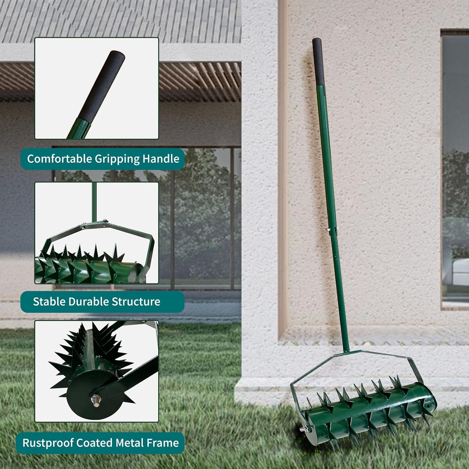 Rolling Lawn Aerator, Manual Grass Spike Roller with 135cm Detachable Handle, Handheld Rotary Roller, Heavy Duty Steel Lawn Aerator Tool for Outdoor &, Sharp Steel Spikes