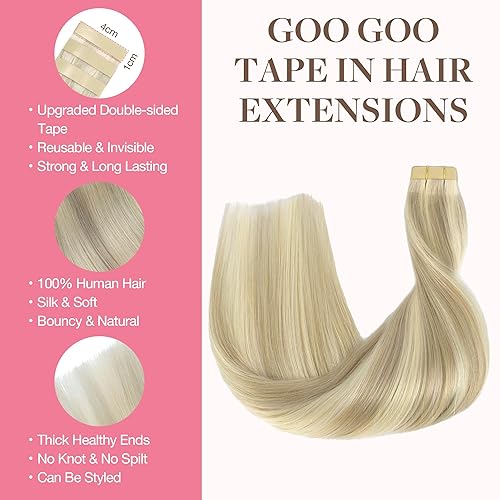 Miniatura 2 de GOO GOO Extensiones de cabello humano con cinta adhesiva en rubio ceniza con reflejos rubio platino, 1.76 oz, 20 unidades, 16 pulgadas, extensiones