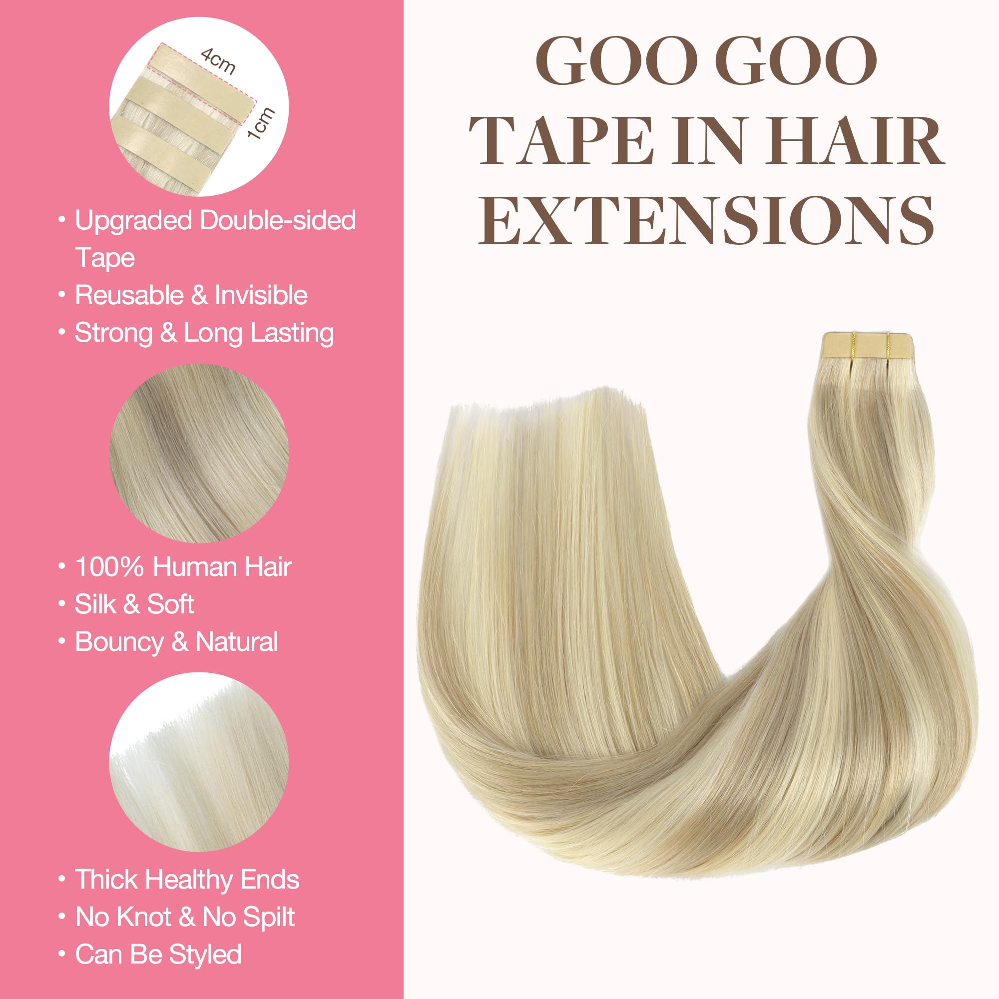 GOO GOO Tape in Hair Extensions Human Hair, 24inch 30g 10pcs, Real Remy Hair Extensions Seamless Straight Tape in - Image 4