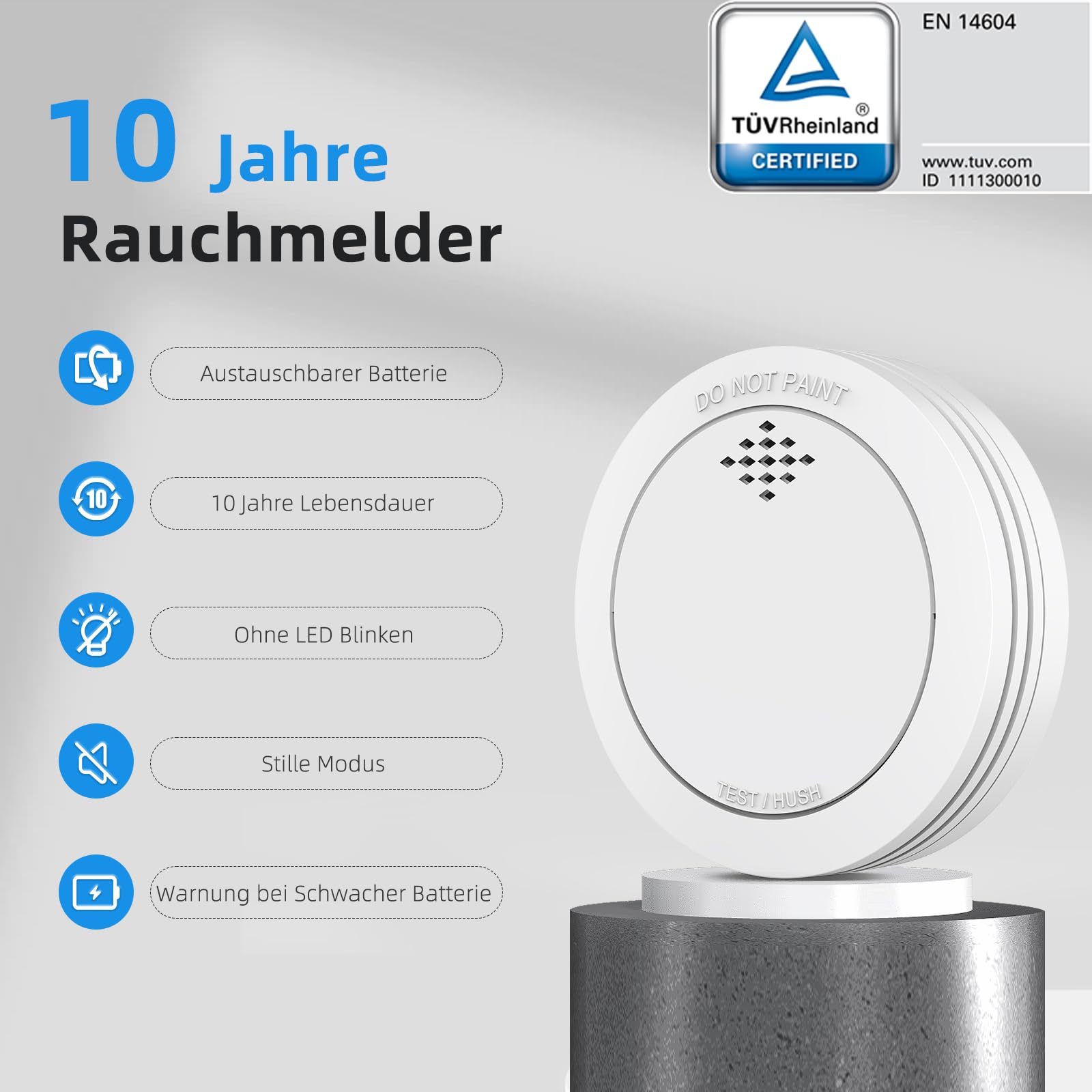 XINDUM 10 Jahre Rauchmelder mit Magnethalterung 3 Stück | Vernetzter Rauchalarm mit 5 Jahren austauschbarer Batterie 85 dB Alarm Stummschaltung Warnung bei niedrigem Batteriestand