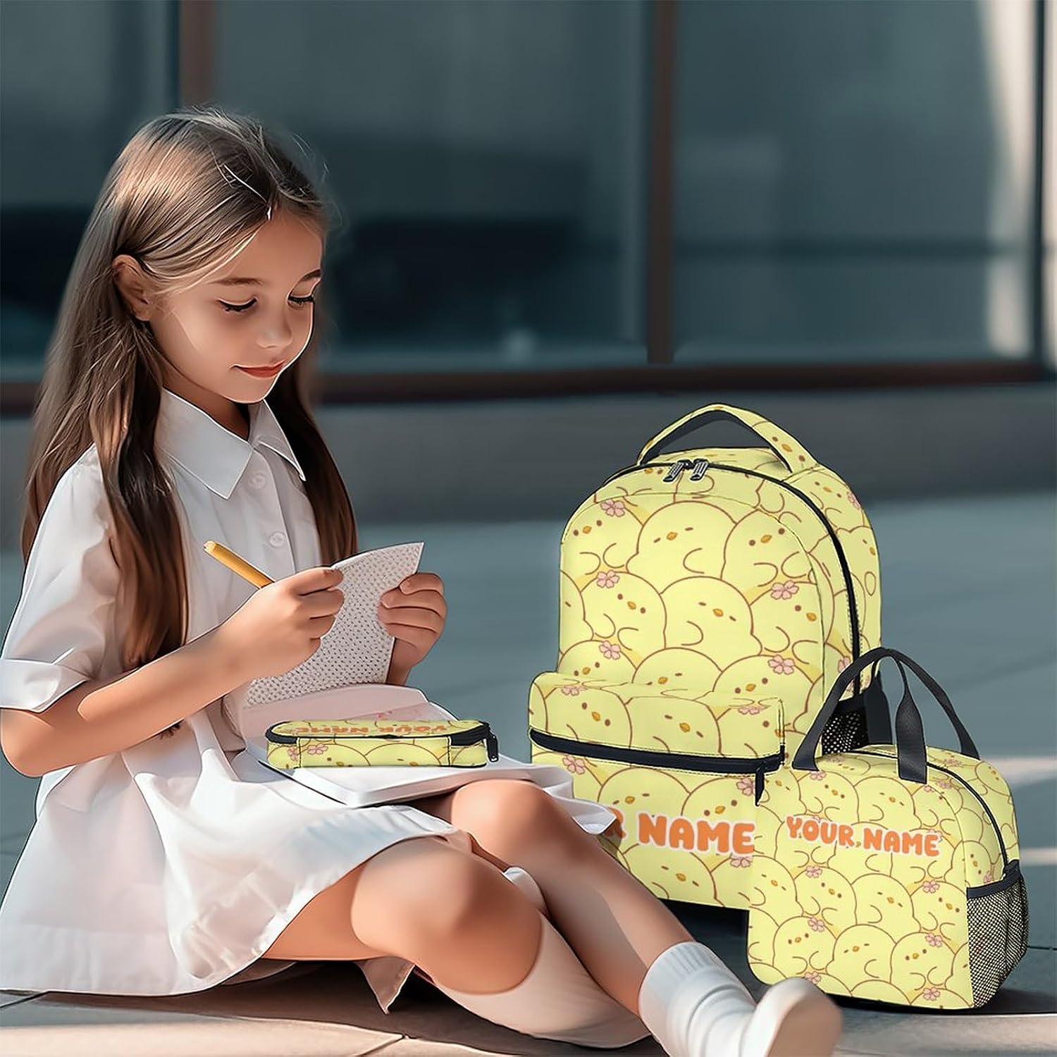 Custom Duck Kids Backpack with Lunch Box, Set of 3 School Backpacks Matching Combo, Cute Yellow Bookbag and Pencil Case Bundle