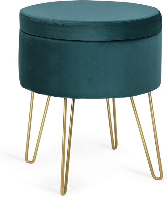 Multigot Round Velvet Stool with Internal Storage, Upholstered Dressing Table Stool Seat, Home Bedroom Living Room Padded Ottoman (Dark Green)