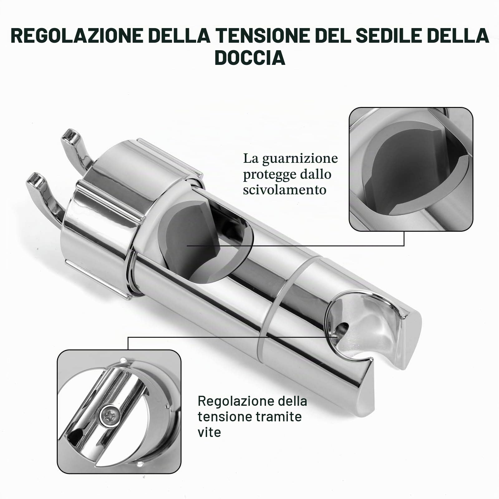 Vinabo Supporto Soffione Doccia, Supporto Doccia Senza Foratura, 18-25 mm, Diametro Regolabile, Supporto Doccetta con Gancio, Installazione Semplice