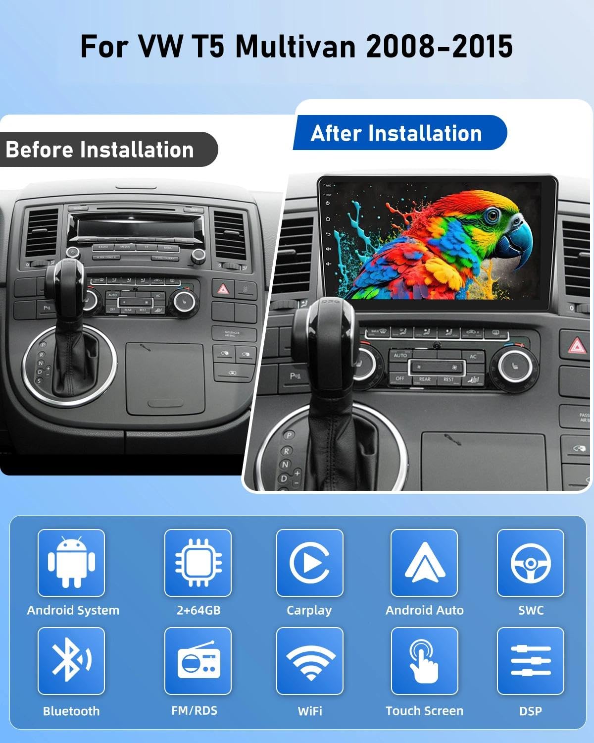NHOPEEW 2G+64G Android Autoradio per VW T5 Multivan 2008-2015 - 9 pollici Stereo con Senza fili Carplay e Android Auto WiFi EQ GPS FM RDS + AHD Telecamera posteriore