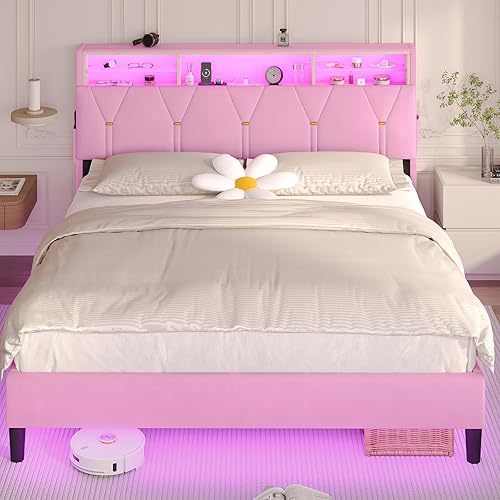Miniatura 30 de BTHFST Base de cama de tamaño matrimonial con luces LED y estación de carga, marco de cama LED tamaño matrimonial con almacenamiento de cabecero,
