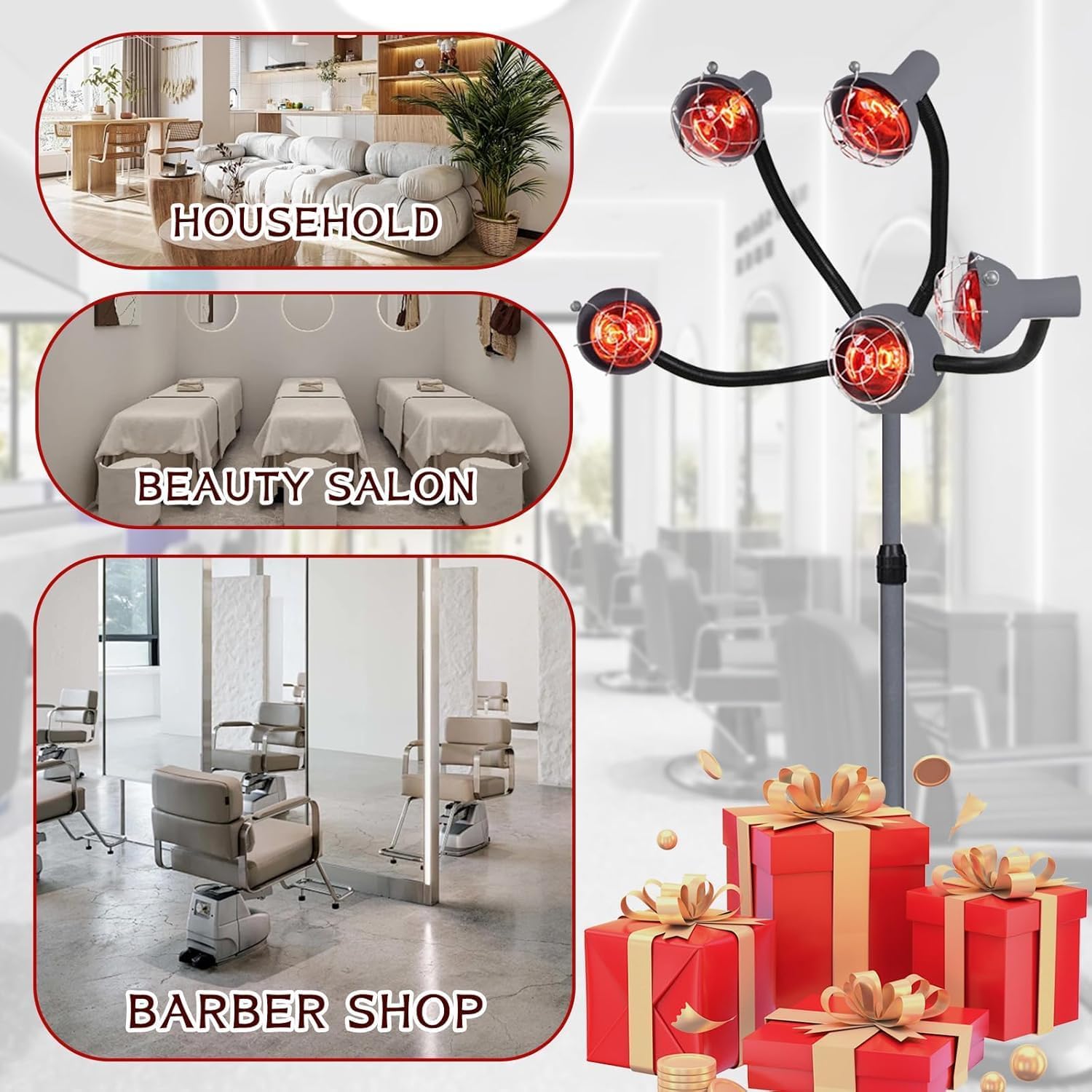 750W 5 Head Standing Hair Dryer Professional, Infrared Heat Lamp Salon Hair Dryer Adjustable Height Ideal for All Hair Styling Needs, Complete with Chrome Arms and Metal Lampshade