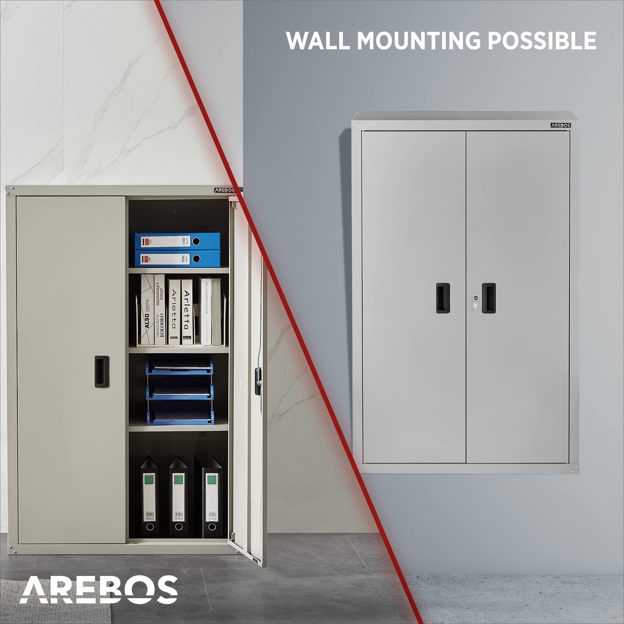 Arebos Armario archivador de oficina, 140 x 90 x 40 cm, 2 puertas, con 3 estantes ajustables en altura, con cerradura de cilindro, gris