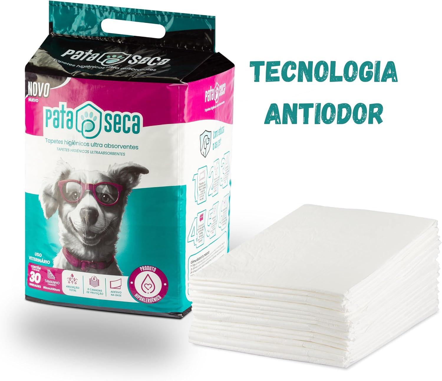 Tapete Higiênico Pata Seca para Cães Descartavel – Kit com 60 Unidades (2 Pacotes de 30) – 80x60cm – Fino, Ultra Resistente, Absorvente, Controle de Odor e Secagem Rápida