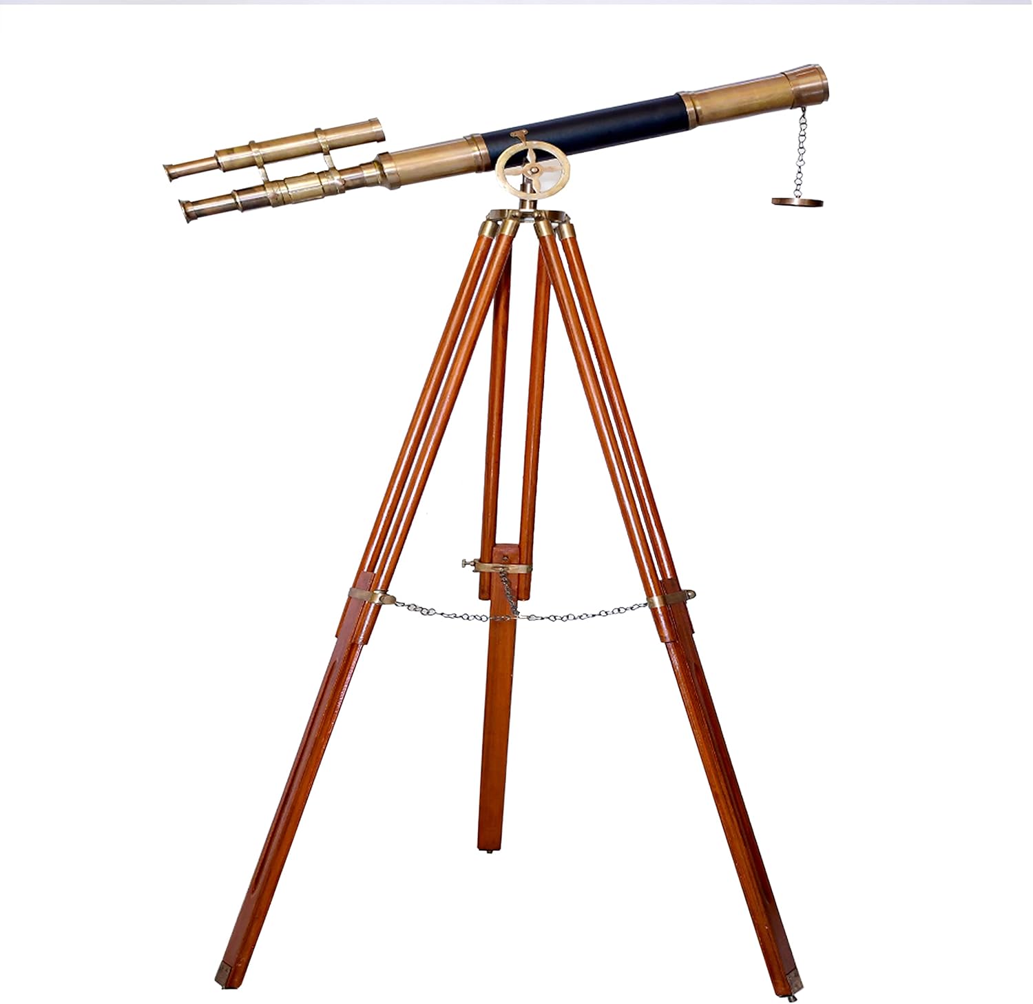Nautical Double Barrel Telescope Antique Finish with Brown Wooden Tripod Brass Floor Standing