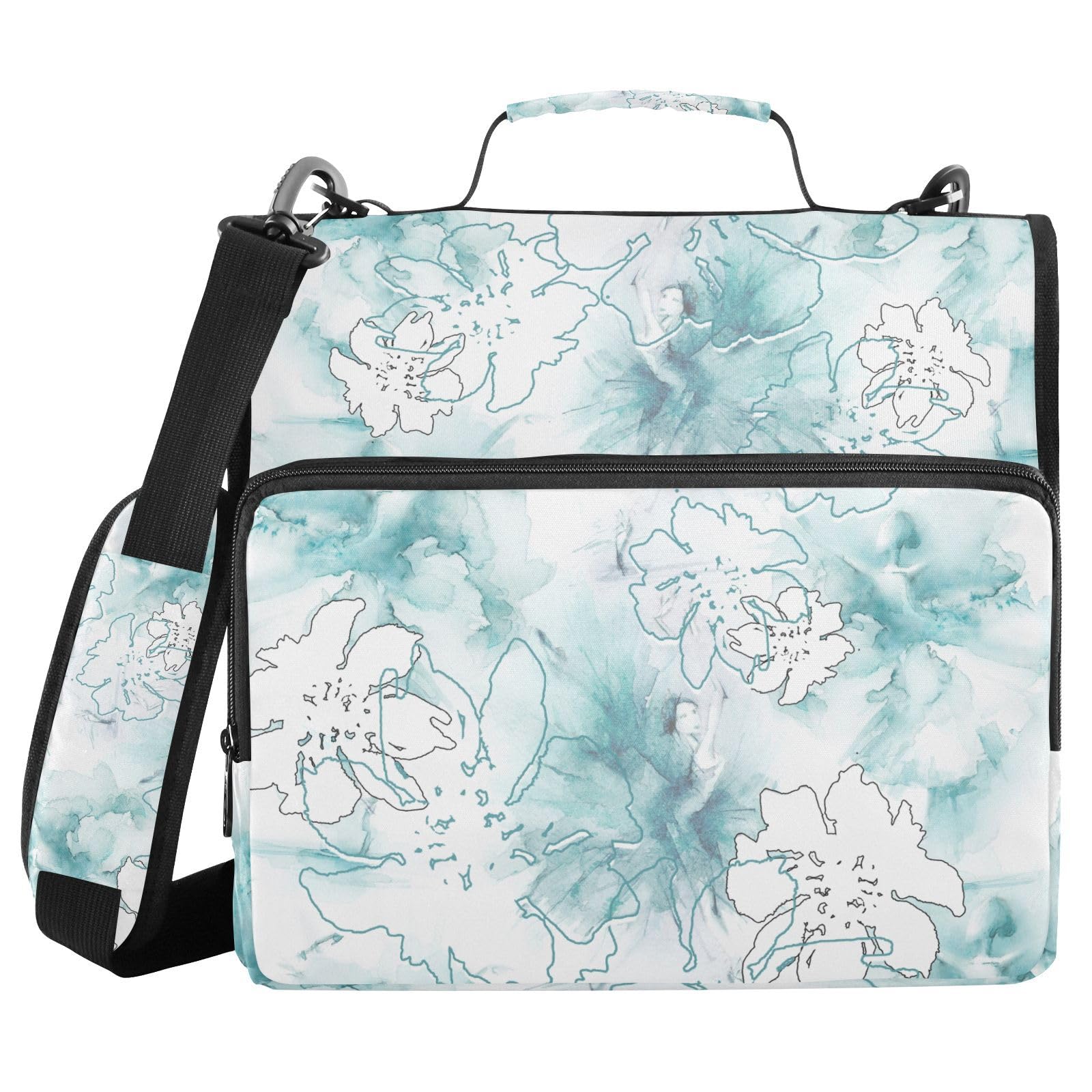KICPOAY Watercolor Blue Paint Flower Zipper Binder with Shoulder Strap Bag 3 Ring Binder Organizer Large Capacity Multiple Compartments for School Office