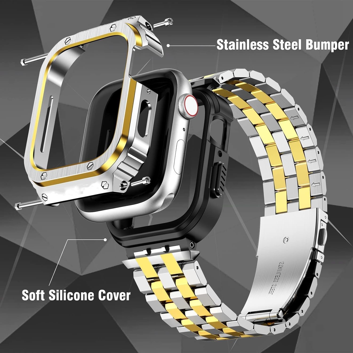 HASLFM Stainless Steel Band with Case Compatible with Apple Watch Series 6 5 4 SE3/2/1(44mm),Series 3 2 1 (42mm), Metal Protective Bumper Cover for iWatch Bands Men,Silver/Gold