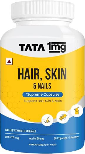 Tata 1mg Hair, Skin &amp; Nails Supreme Biotin Capsule with Collagen, Zinc, Iron and Vitamin B, For Men &amp; Women, Pack of 60