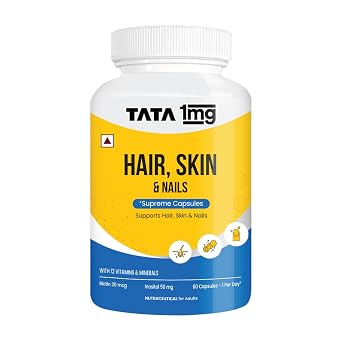 TATA 1mg Hair, Skin & Nails Supreme Biotin Capsule with Collagen, Zinc, Iron and Vitamin B, For Men & Women, Pack of 60