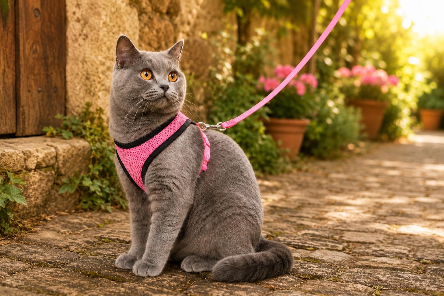 Harnais pour Chat - Harnais Harms Rose pour Chaton avec Laisse - Mesh Respirant Doux - réglable avec Fermeture clic et Mousqueton - 28cm / 32-41cm / 110cm