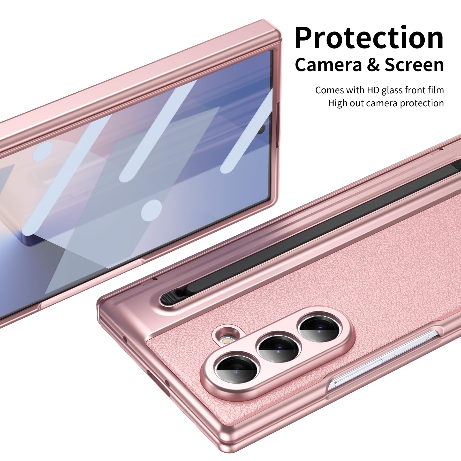 Custodia per Galaxy Z Fold 7, Protezione cerniera Samsung Fold7 cover, custodia Samsung Galaxy Z Fold7 con pellicola protettiva per lo schermo + Penna stilo + portapenne-Rosa