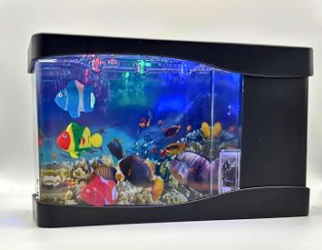 Cute Mini Fish Tank by c & d pets - Small Aquarium with Moving Artificial Fish, Toy Fish Tank for Kids, Babies, and Cats - Miniature Fish Aquarium Lamp for Home, Office, or Night Light Use