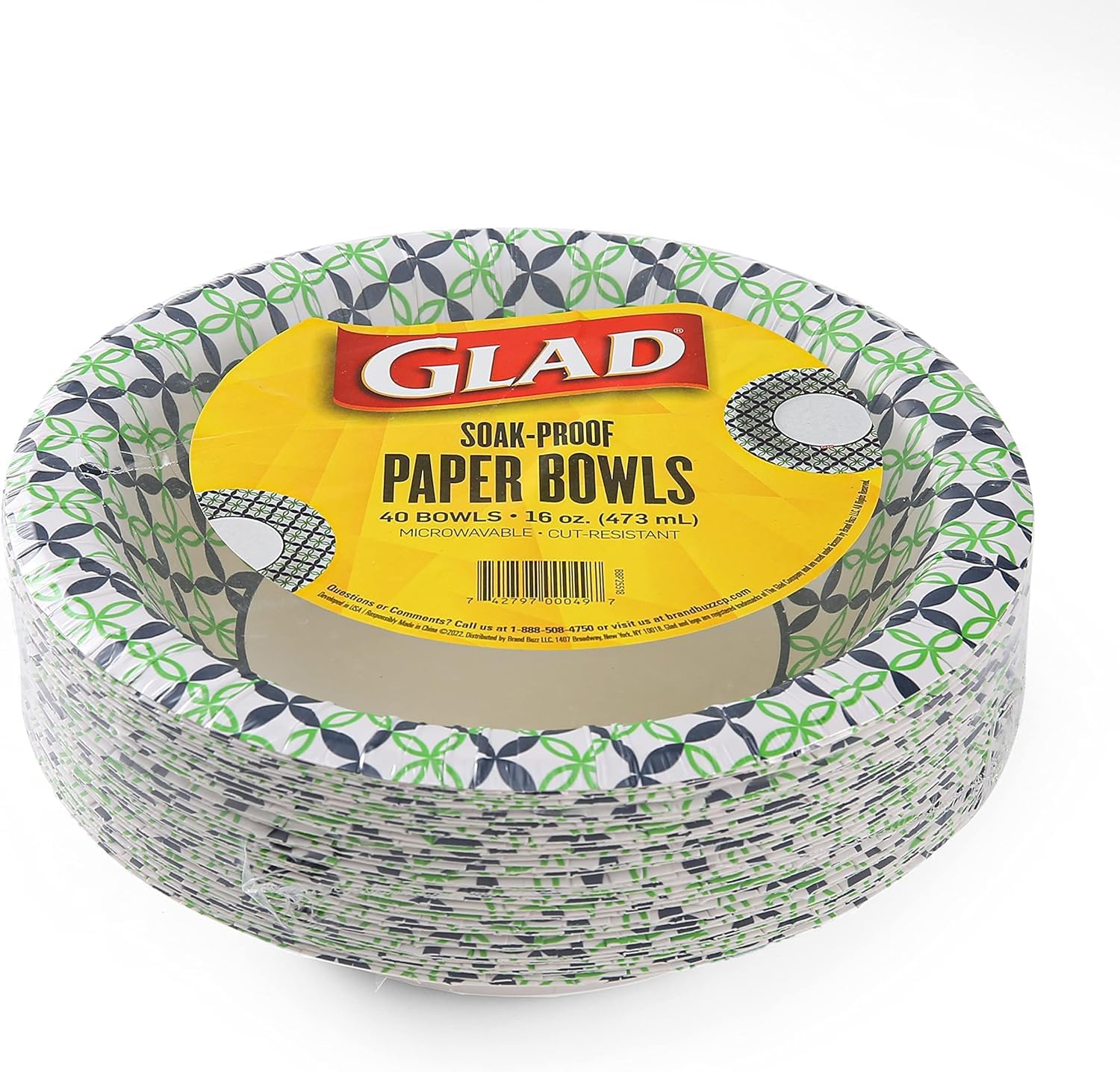 Glad Round Disposable Paper Bowls, Happy Daisies Design - Heavy Duty, Soak Proof, Cut-Resistant, Microwavable Bowl for All Foods & Daily Use, 16 Oz, 40 Count - 6 Pack