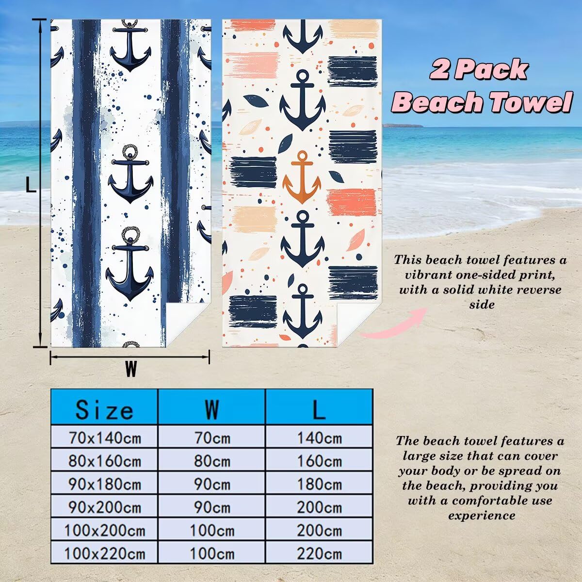 Ręcznik plażowy XXL, 90 x 180 cm, zestaw 2 szt., ręcznik plażowy z mikrofibry, szybkoschnący, ręcznik do sauny, fitness, bez piasku, ręcznik plażowy, do sauny, duży ręcznik kąpielowy, prezent dla