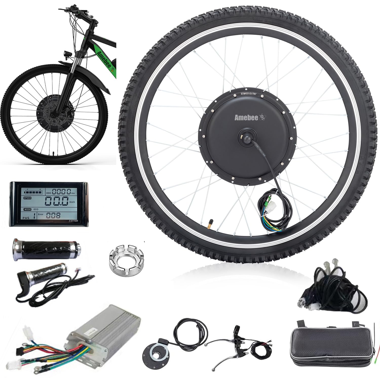 Amebee E-Bike Wheel Conversion Kit 24in 1000W Front Wheel Drive with Power Controller LCD Display Turn Bike to Ebike Electric Wheel Tires Bicycle Modifiy Parts Kits (24in 1kw 48v Front Drive)