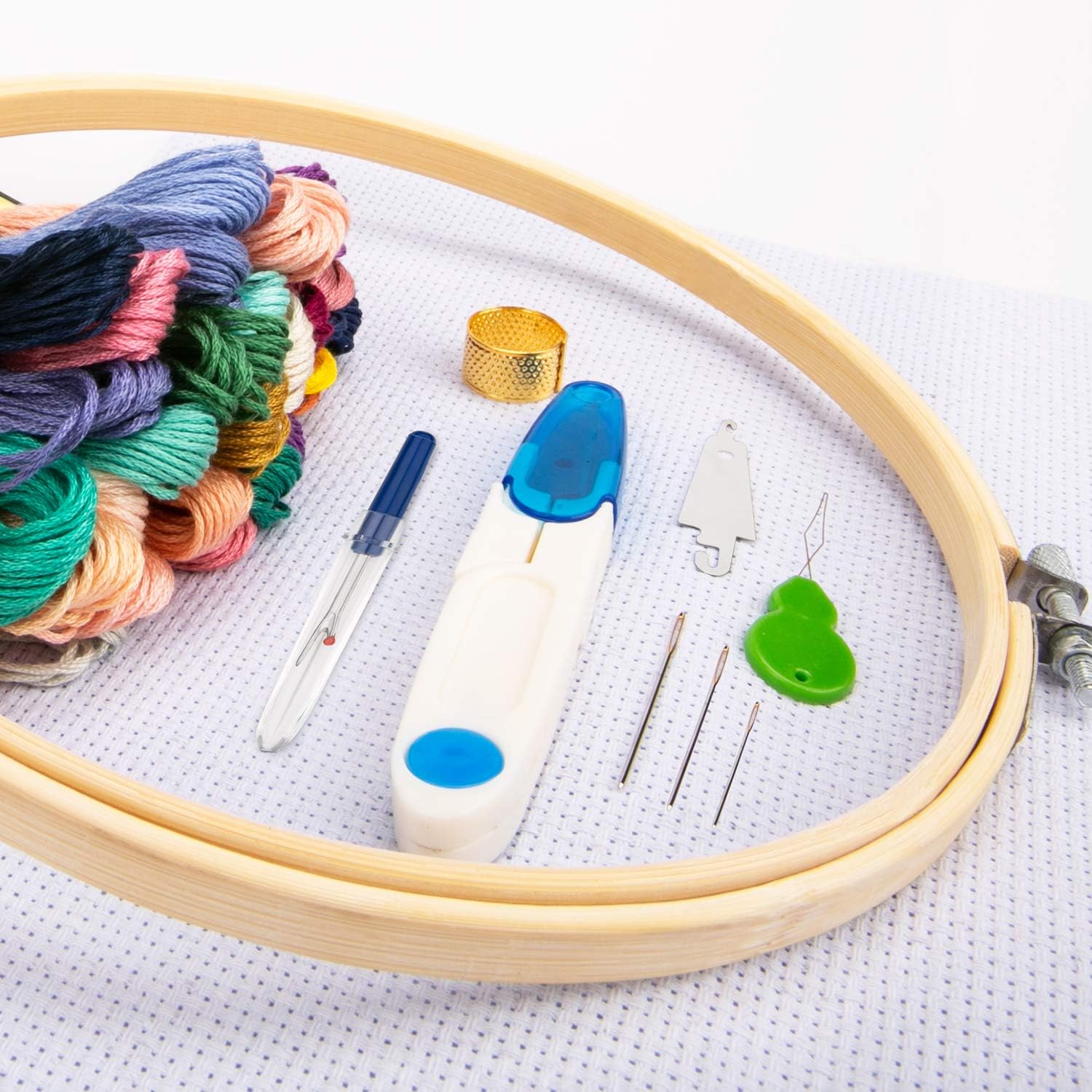 Embroidery Starter Kit,100 Color Threads,5 PCS Bamboo Embroidery Hoops,2 PCS 11.8 inches Aida Cloth,and Cross Stitch Hand Embroidery NeedlePoint Kit Beginner Supplies