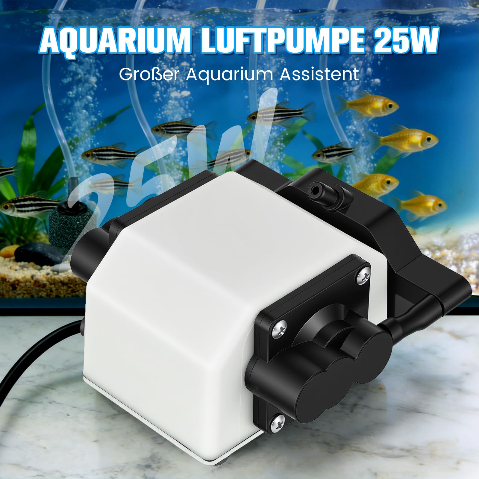 25W Pompa per Acquario con 6 Uscite, Aeratore Acquario Silenzioso fino a 3300L/H, Ossigenatore per Acquario Regolabile per Grandi Acquari, Laghetti da Giardino e Idrocoltura, Pompa Aria Potente
