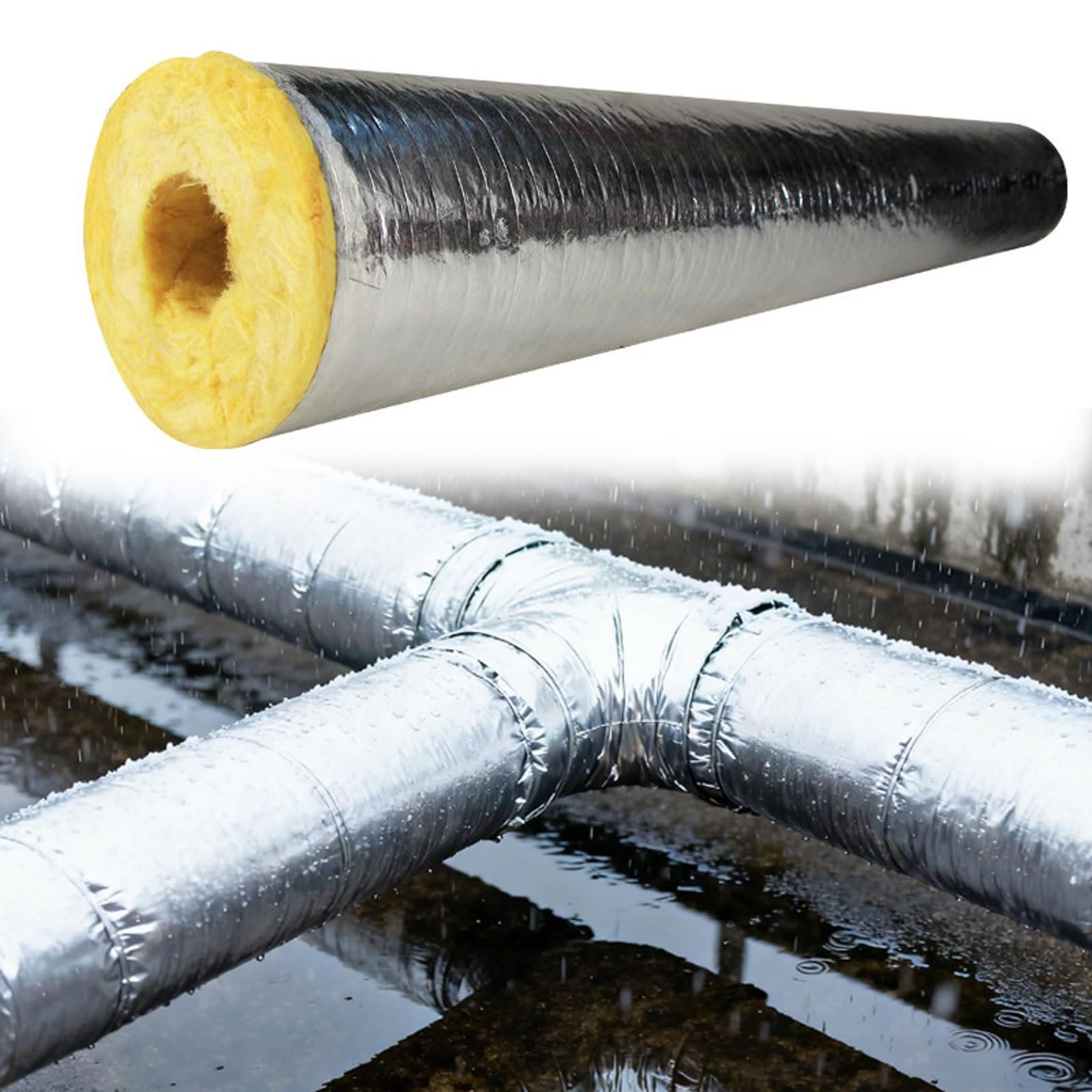 Tubi isolanti in lana di vetro Foglio di alluminio Guaina in lana | Isolamento termico Facile installazione Per tubazioni esterne(ID 89mm/T 50mm)