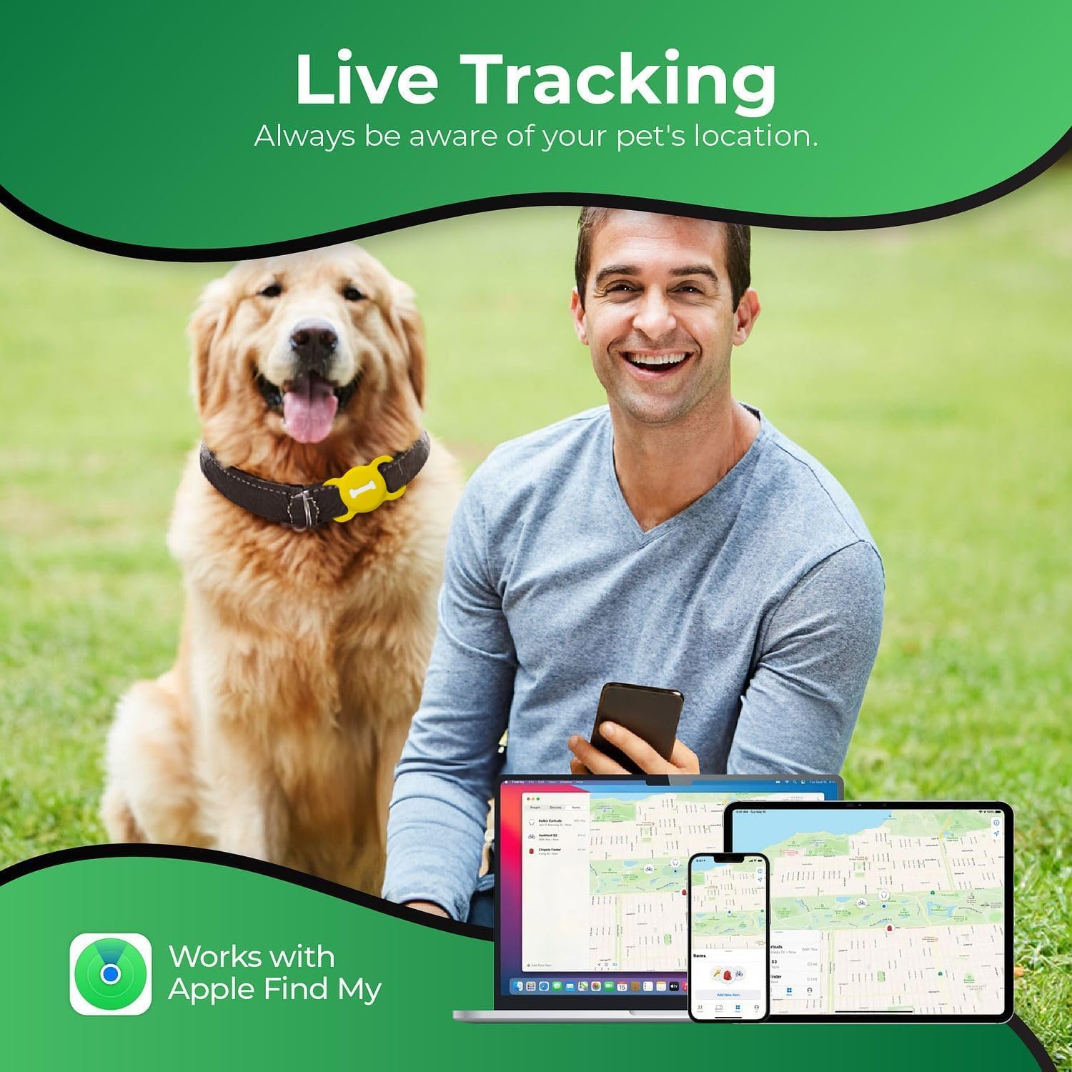 A person and a dog, with multiple Apple devices (phone, laptop, tablet) displaying the 'Find My' app interface, illustrating live tracking capabilities.