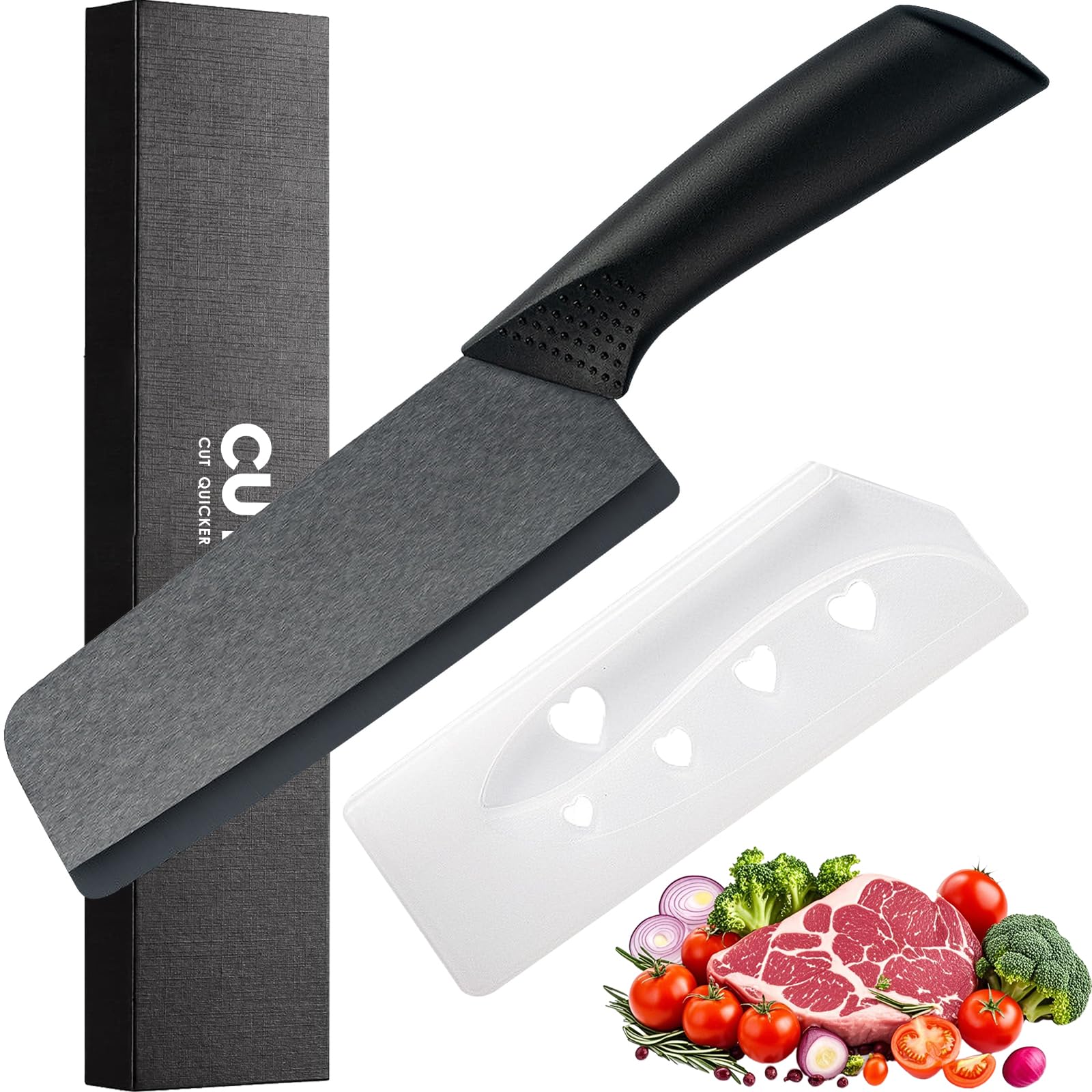 6-inch Black Ceramic Nakiri Knife with Cover - Light, Precise, Sharp Ceramic Knife - Japanese Chef's Kitchen Knives with Gift Box