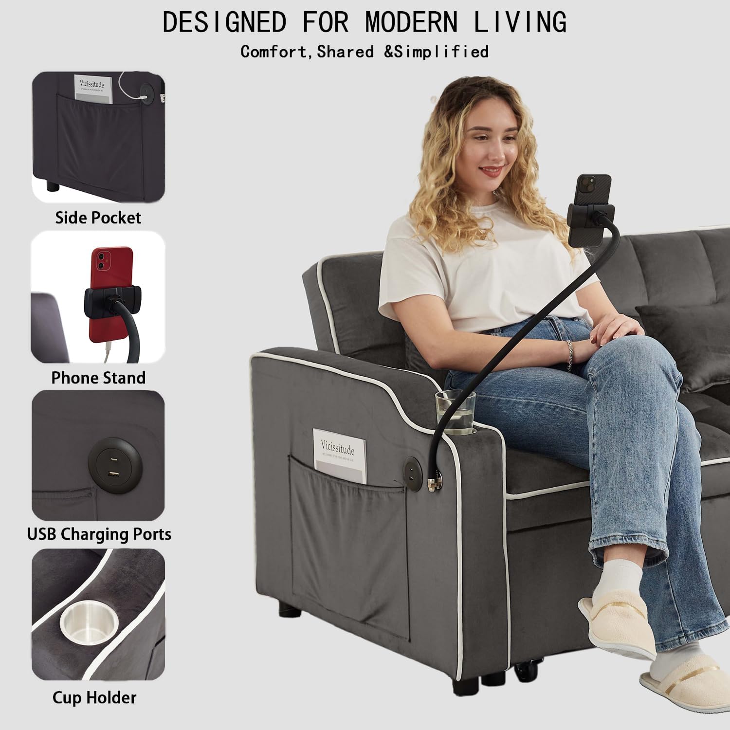 Convertible Sofa Bed, 3 in 1 Pull Out Couch Adjustable Backrest with USB Charging Ports, Cup Holder & Phone Stand, Small Futon Couch Sleeper Sofa Bed for Living Room, Apartment, Small Space (Grey-L)