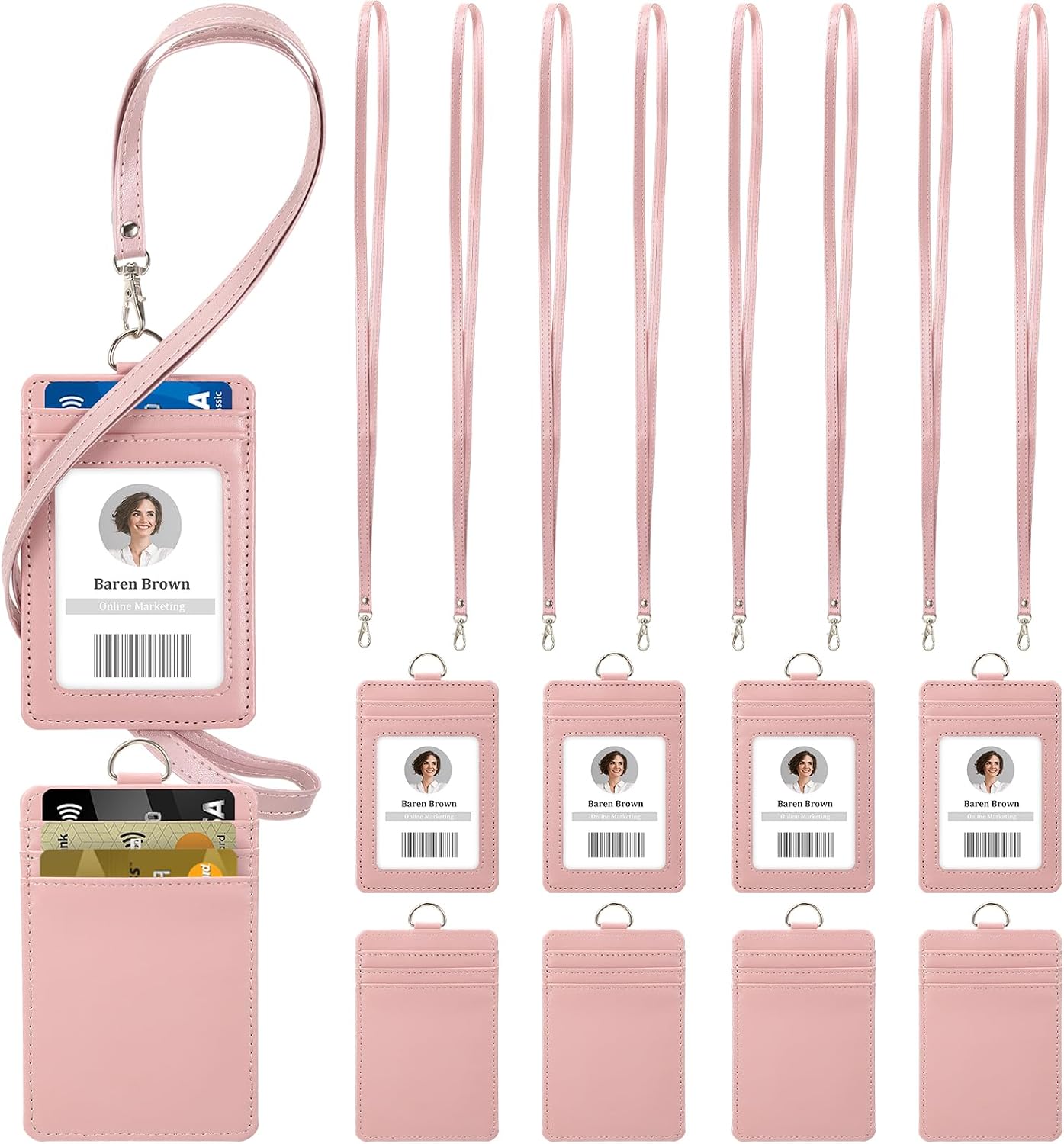 8 Pack Valentine's PU Leather ID Badge Holder, with 1 Clear Window, 5 Credit Card Slots and Lanyard Strap