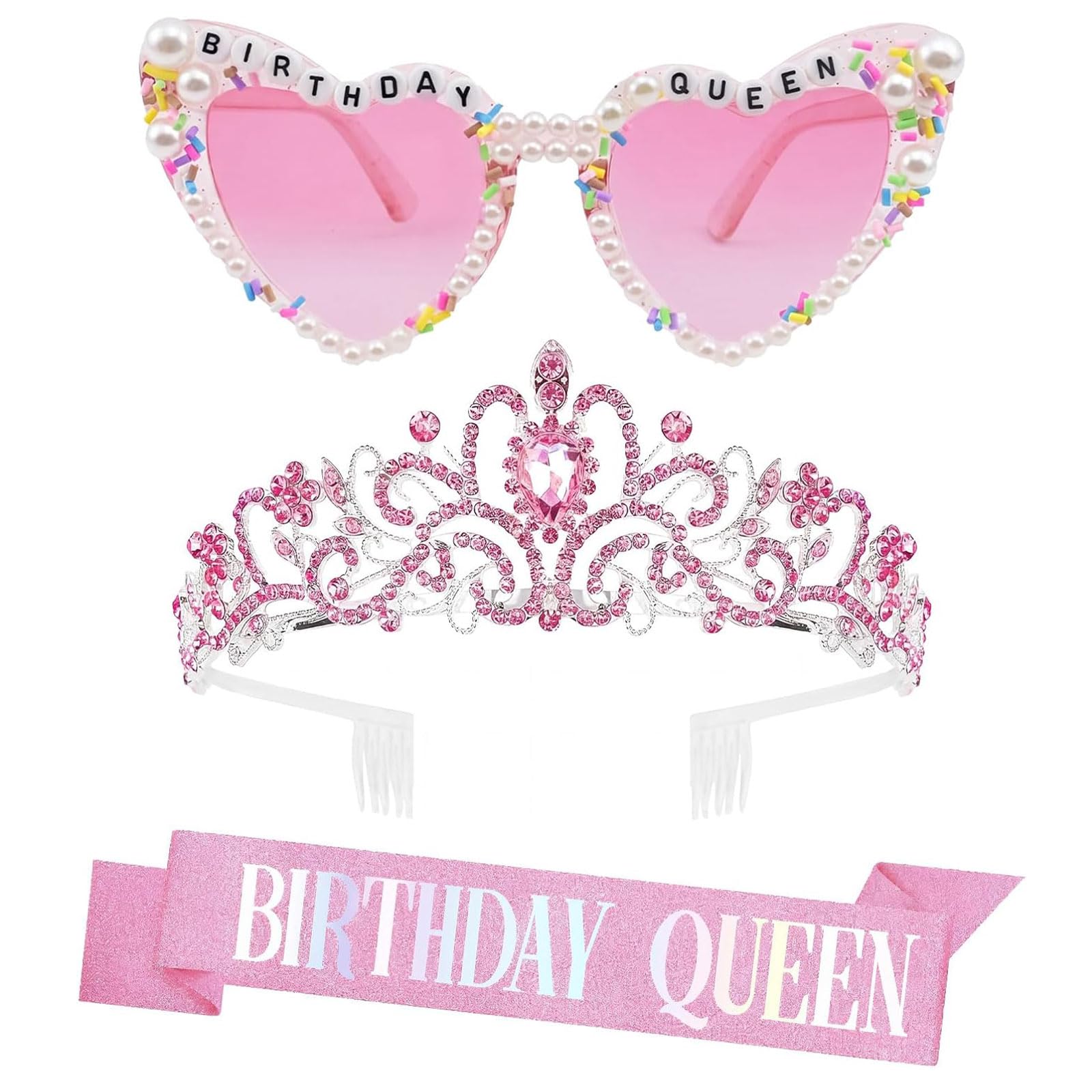 Glamoreal Birthday Queen Sash Crown Glasses Set, Pink, 3 Pcs