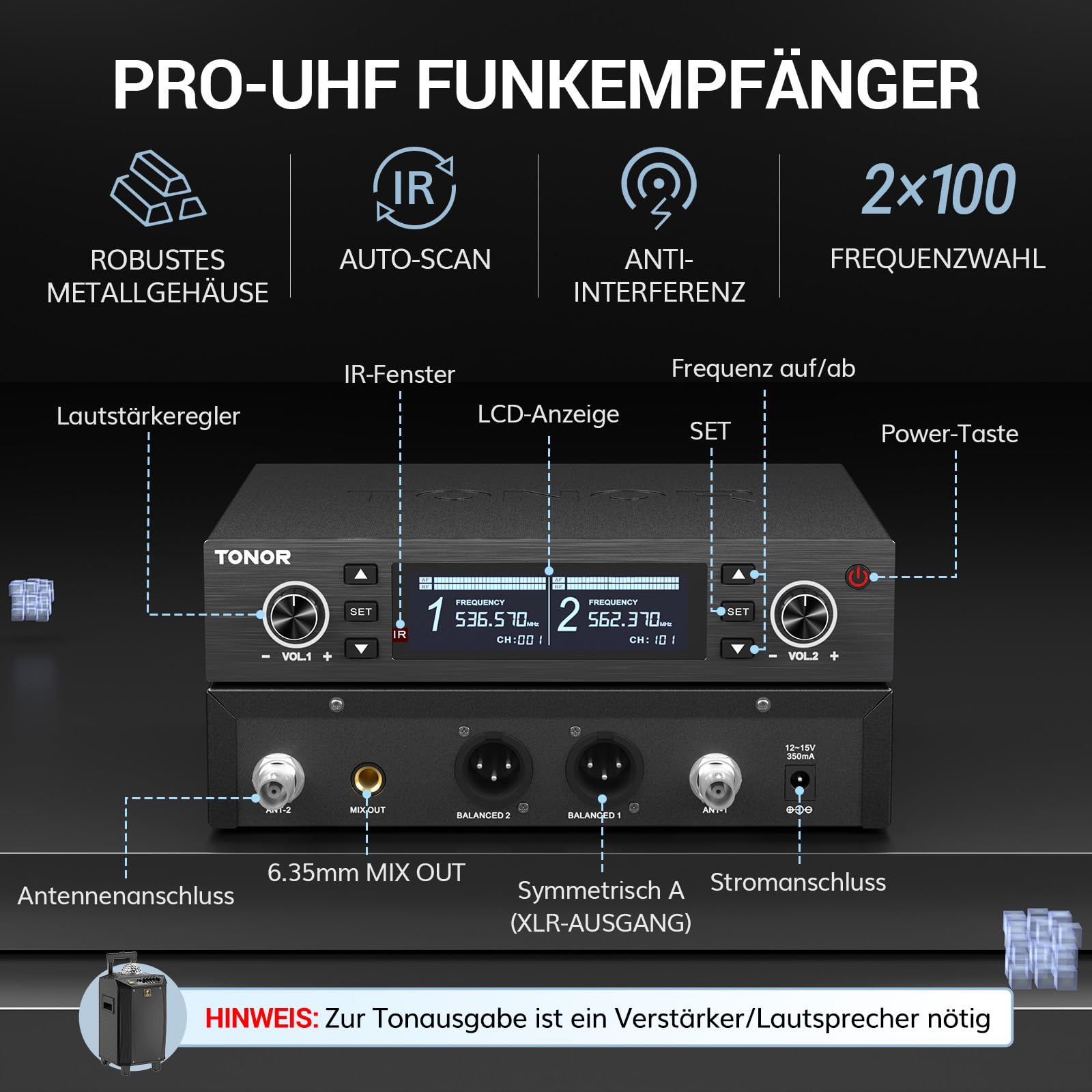 TONOR Mikrofon Kabellos Wiederaufladbares, UHF Funkmikrofon Set, 2x100 einstellbare Funk Metall Wireless Microphone mit Lichtring, Auto Scan, 100 m Reichweite für Gesang Karaoke Kirche Party, TW750