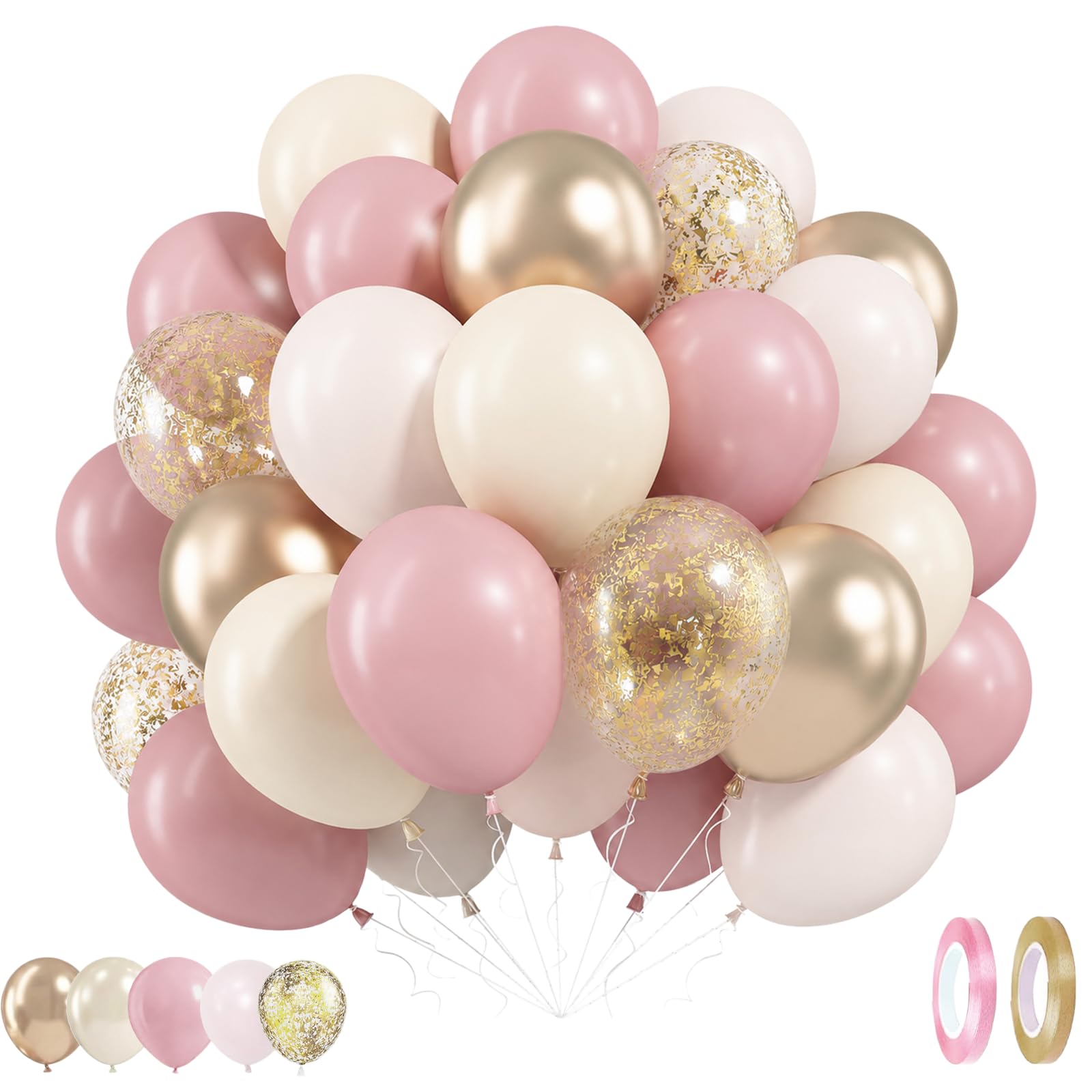 Dusty Pink and Gold 60 Pack Balloons, Birthday Decorations for Women