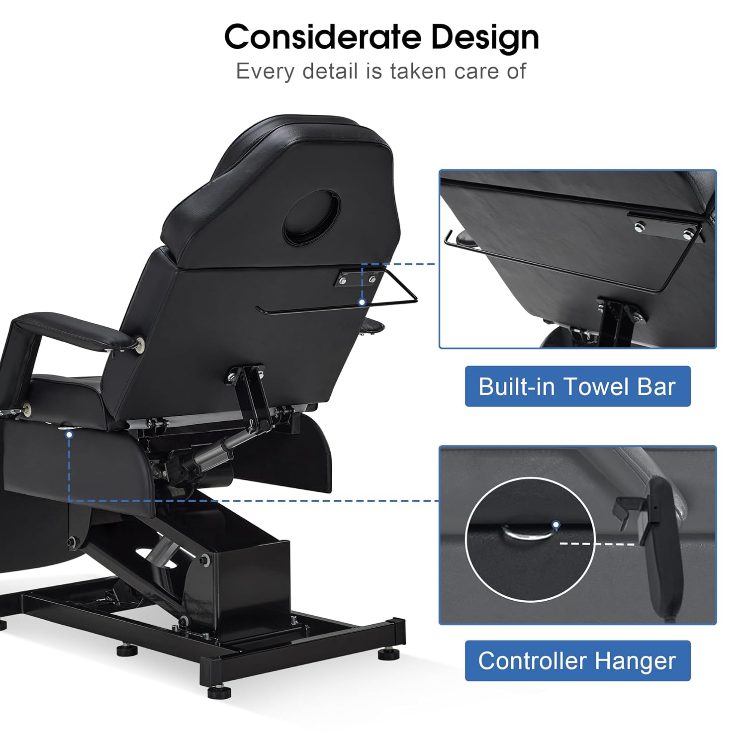 BarberPub Fully Electric Facial Bed with 3 Motor for Esthetician, Electric Tattoo Chair for Client, Facial Bed for Esthetician, Massage Adjustment 2751 (Black, Height (Flat): 25.2"–37")