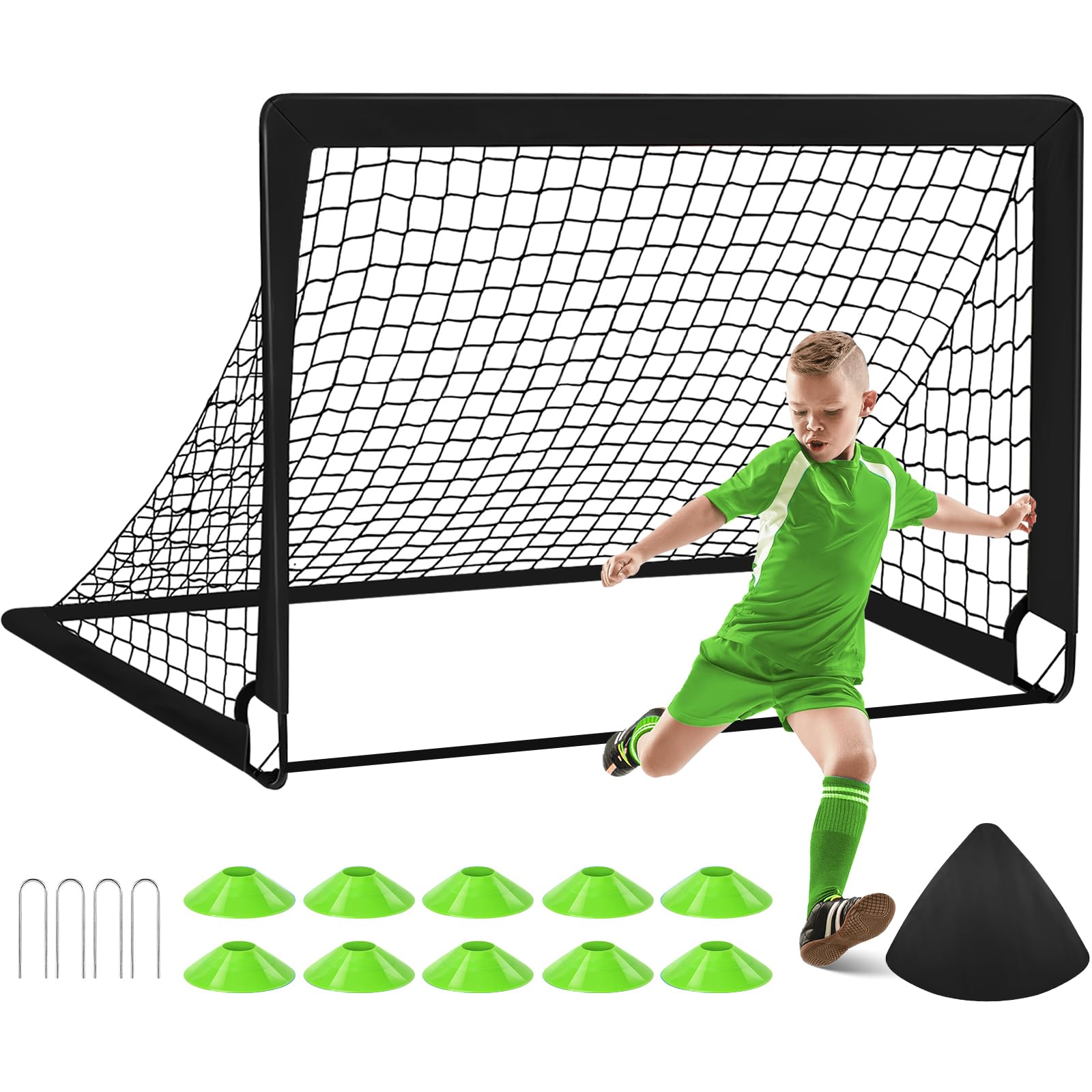 But De Foot Enfant KADOKADO 4 En 1 – Cage Pliable 120x90cm Avec Filet 5 Zones, Ballon Taille 3, Cônes, Pompe Et Sac – Idéal Jardin, Parc Ou Plage – Dès 4 Ans