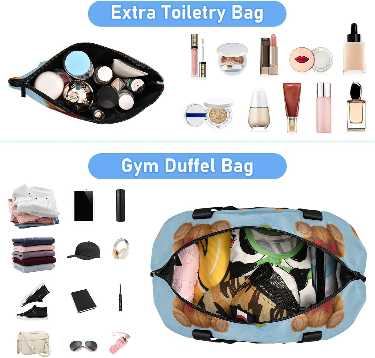 Cartoon Cute Brown Teddy Bear Gym Tote Bag Carry On Tote Bag with Toiletry Bag for Trip Multifunctional