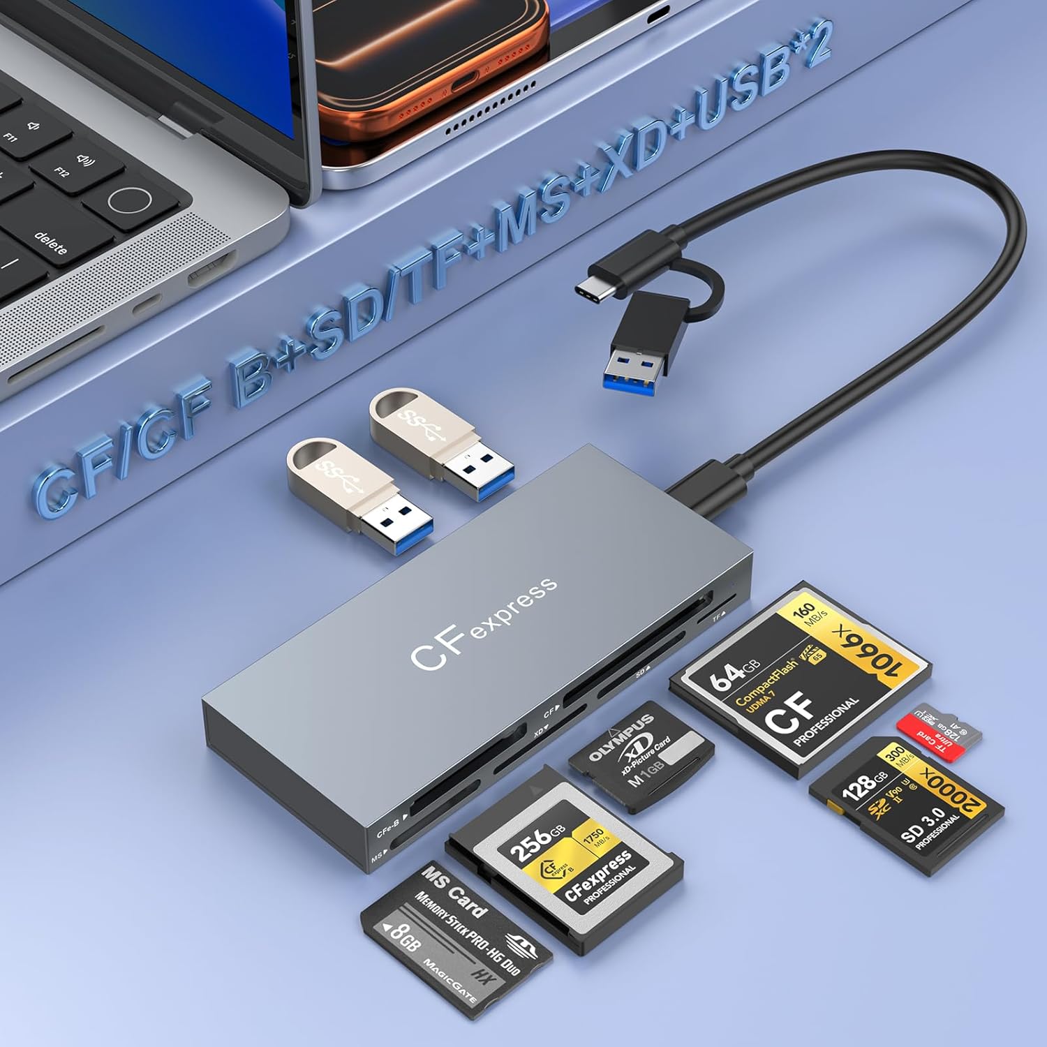 Multi 8 in 1 USB C/USB A for CFexpress Type B Card Reader,10Gbps CFexpress Adapter for Type B/CF/XD/MS/TF/SD Card with Windows/Mac/Linux/Android, for iPhone 16/15, iPad Pro/Samsung/Laptops/Tablets