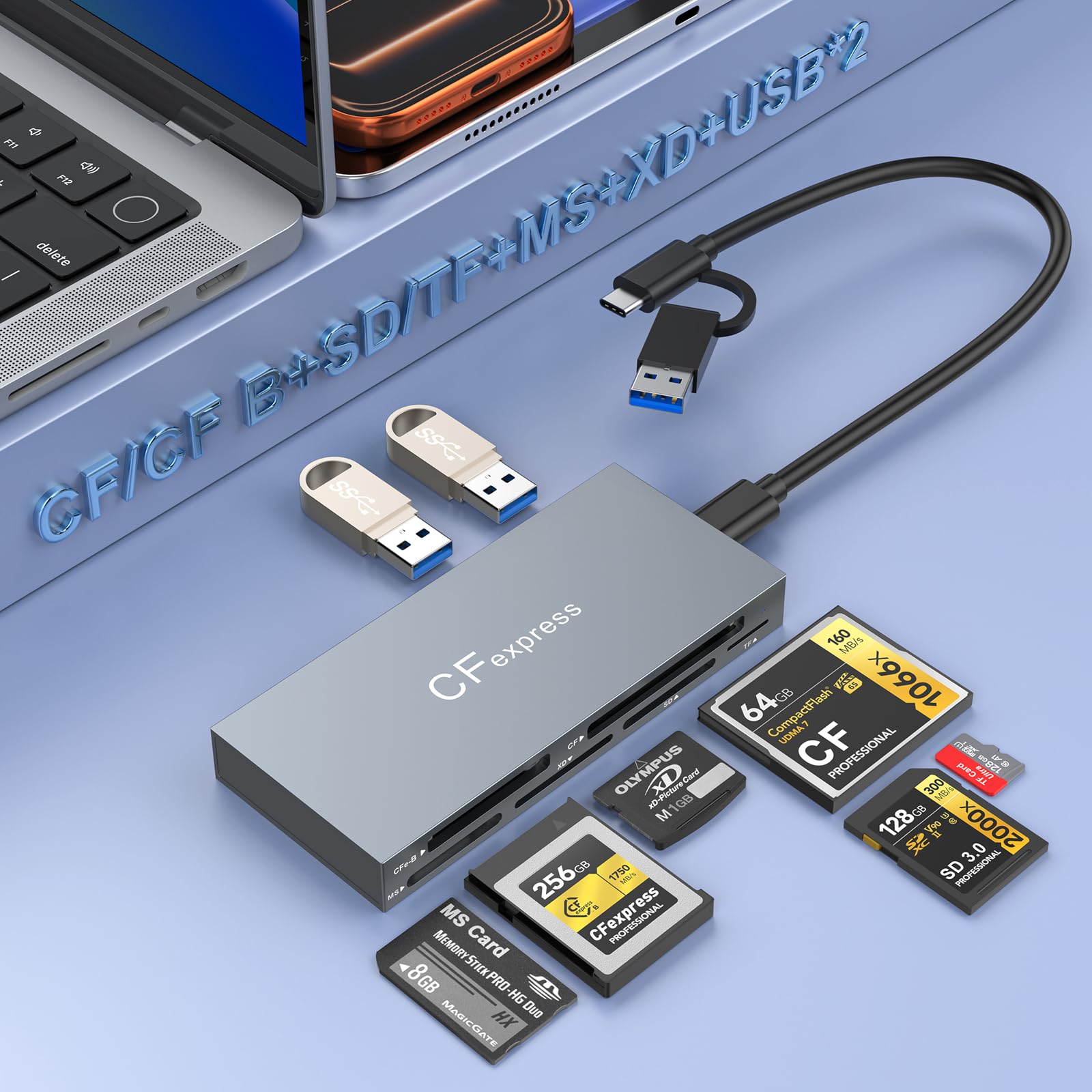 Multi 8 en 1 USB C/USB A para lector de tarjetas CFexpress tipo B, adaptador CFexpress de 10 Gbps para tarjeta tipo B/CF/XD/MS/TF/SD con Windows/Mac/Linux/Android, para iPhone 16/15, iPad Pro/Samsung