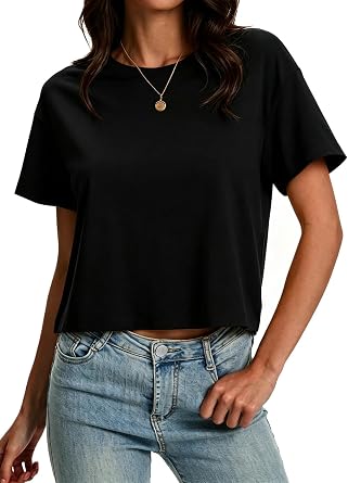 Womens Short Sleeve Crop Tops Cotton T Shirts Crew Neck Summer Clothes Casual Loose Solid Tees