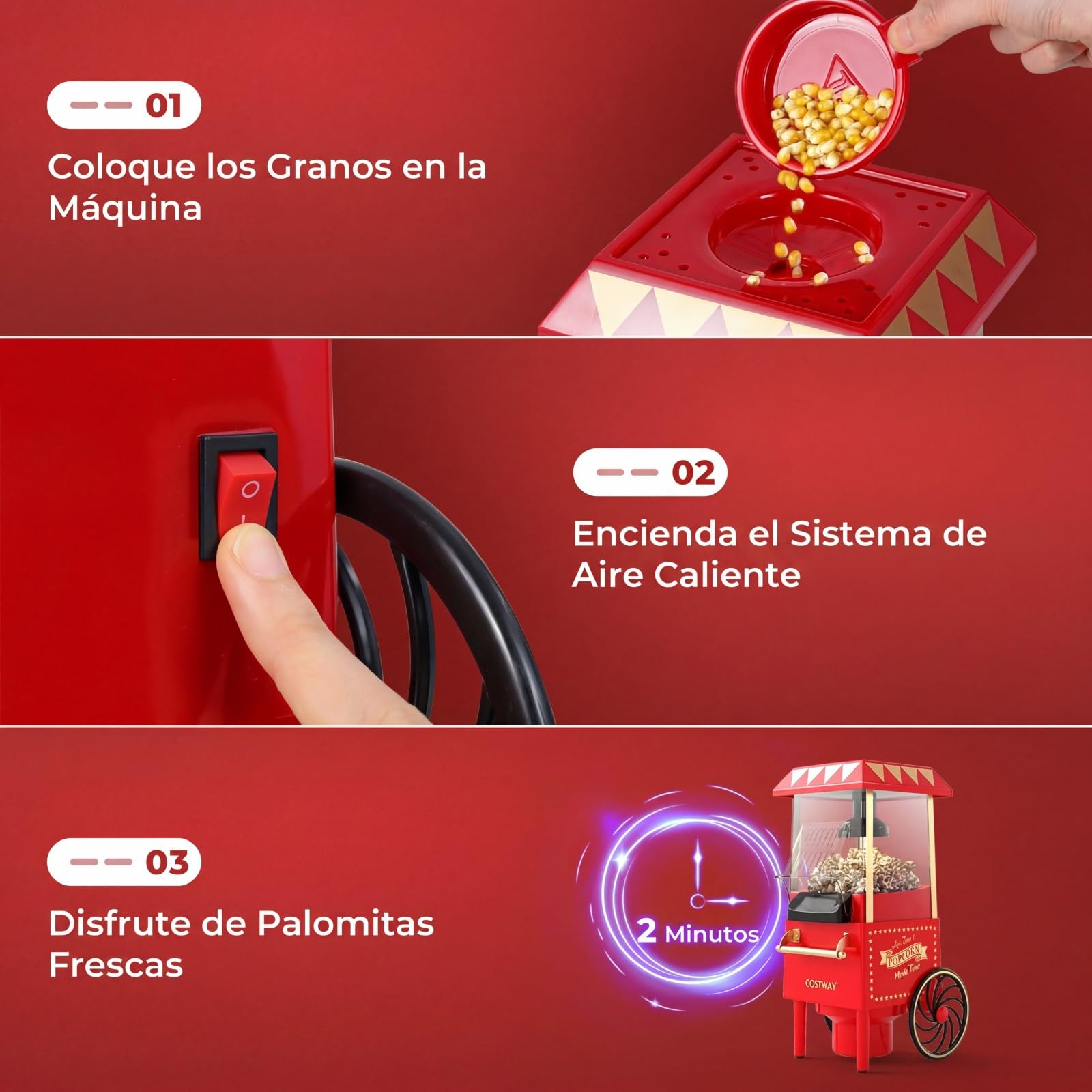 COSTWAY 1200 W Palomitero Eléctrico de Aire Caliente, Máquina de Palomitas Maíz sin Aceite ni Grasas, 12 Tazas con Vaso Medidor, Palomitera Retra de Sobremesa para Hogar, Cine, Fiesta
