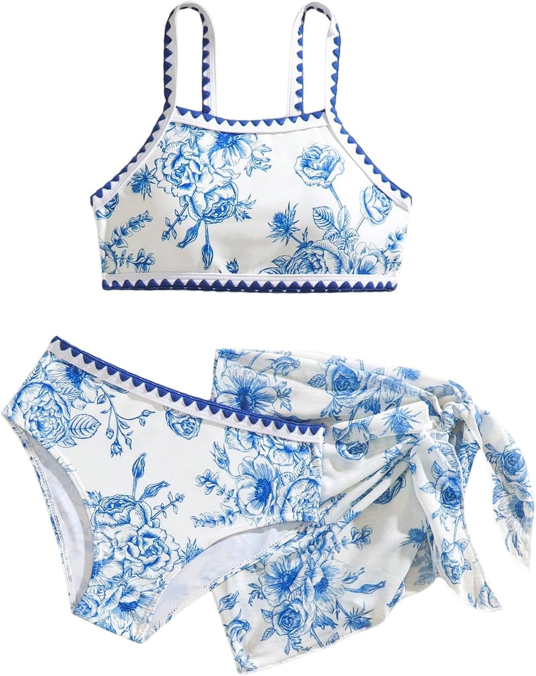 Verdusa Girl's 3 Piece Floral Bikini Sets Boho Swimsuits with Cover Up Skirt