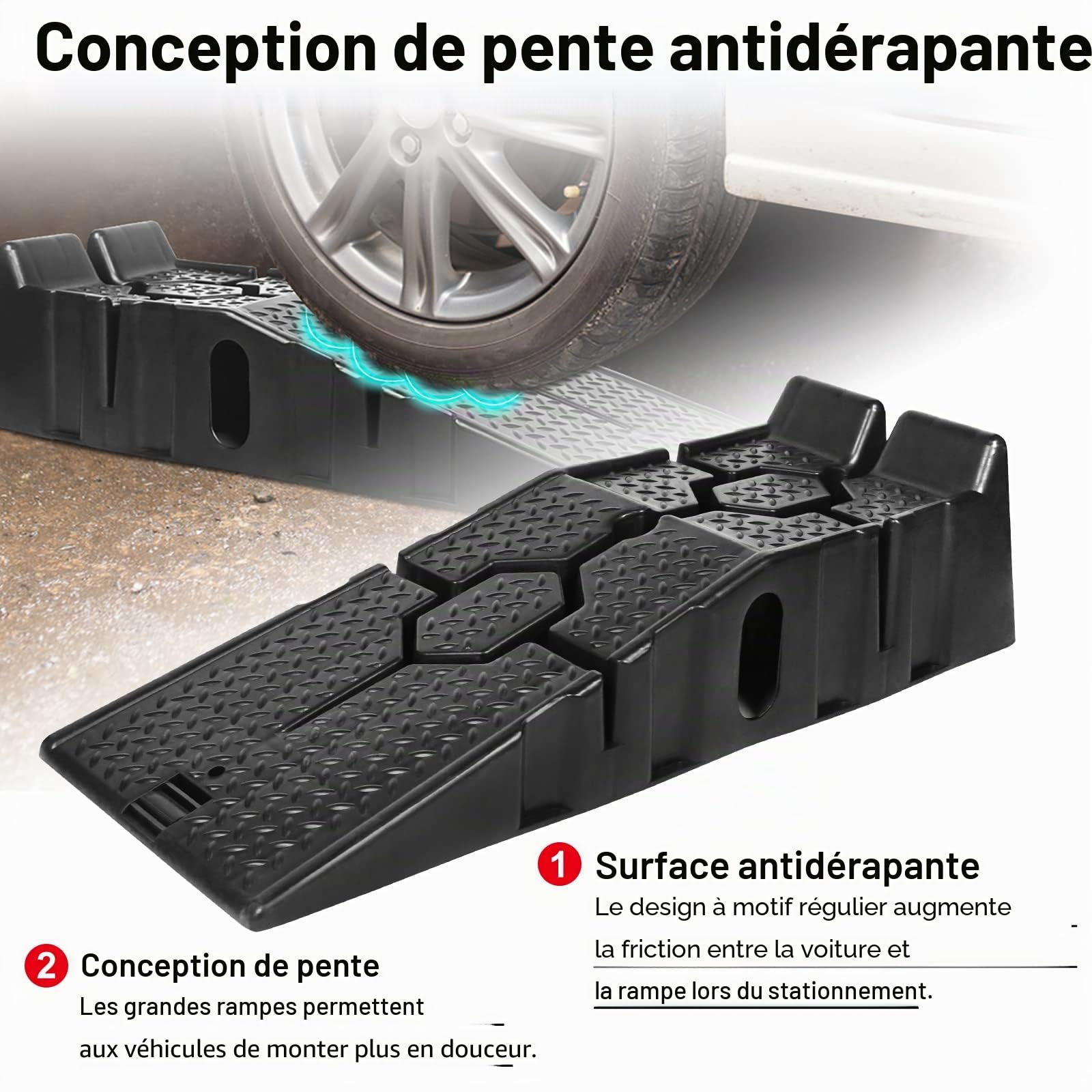 Lot de 2 rampes d'accès en plastique pour voiture - Charge maximale : 2,5 tonnes - Largeur d'accès : 320 mm - Plateforme de levage