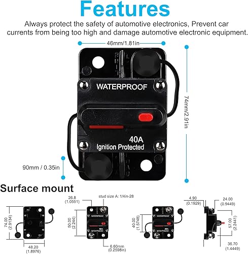 Miniatura 3 de Disyuntor impermeable de 40 amperios, portafusibles, disyuntor de audio, con reinicio manual, 12V-48V CC, 30A-300A, para sistema de audio de barco
