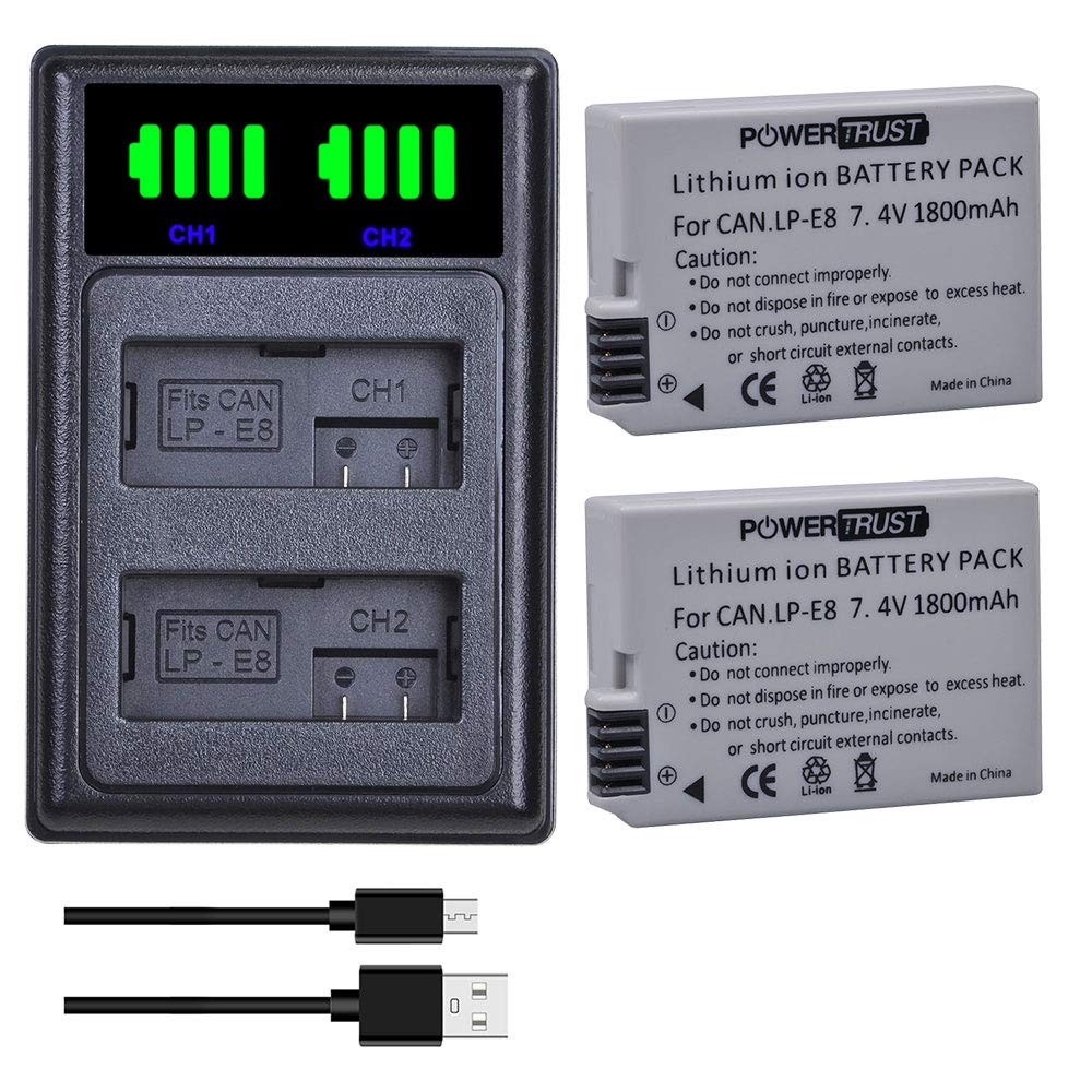 PowerTrust 2Pcs 1800mAh LPE8 LP-E8 Battery and Charger with type-C port for Canon EOS 700D, Rebel T5i, 650D, Rebel T4i, 600D, Rebel T3i, 550D,Rebel T2i, Kiss X7i X6i X5 X4